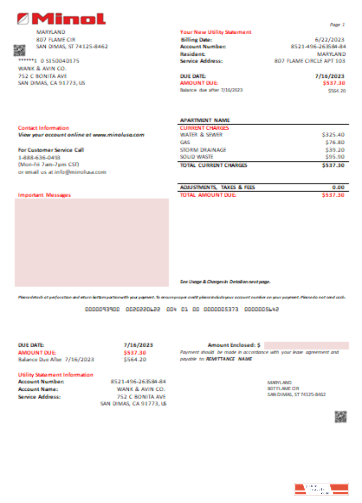 Minol USA utility business bill, SCR PSD template